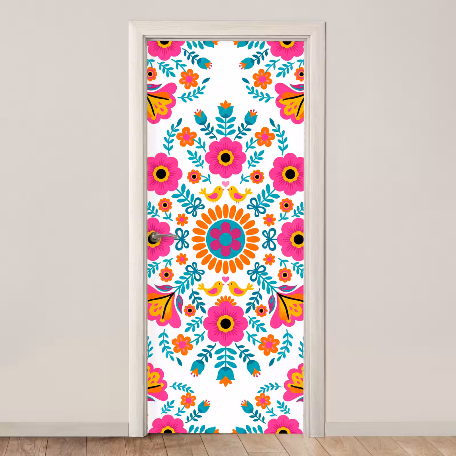 Deursticker - Bloemen - Vogel - Patroon - Kleurrijk - Modern — 1