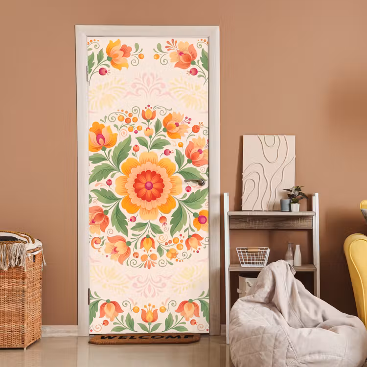 Deursticker - Bloemen - Patroon - Decoratief - Oranje — 2