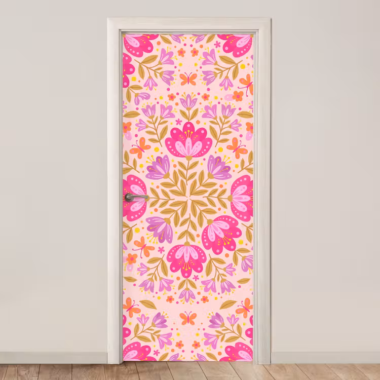 Deursticker - Bloemen - Patroon - Natuur - Abstract - Roze — 1