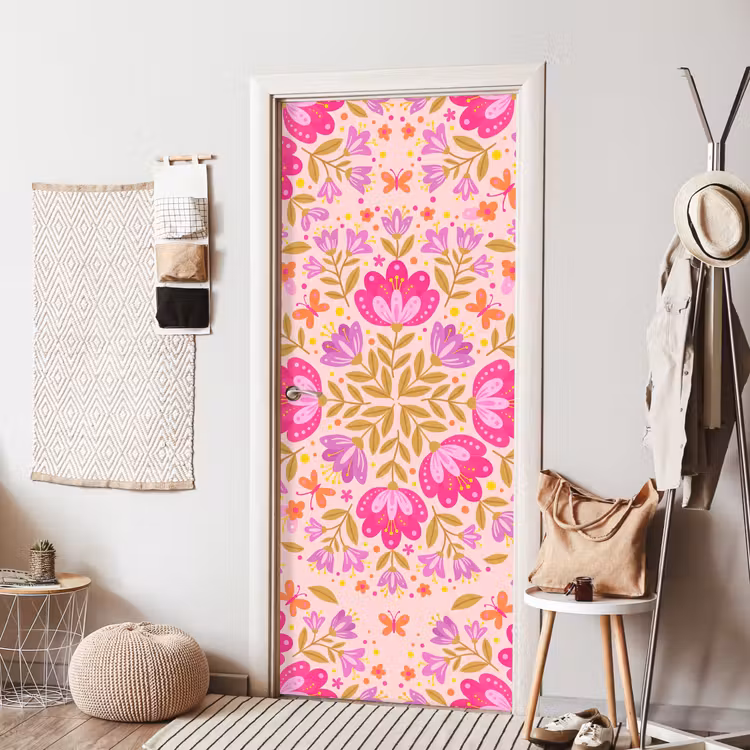 Deursticker - Bloemen - Patroon - Natuur - Abstract - Roze — 8