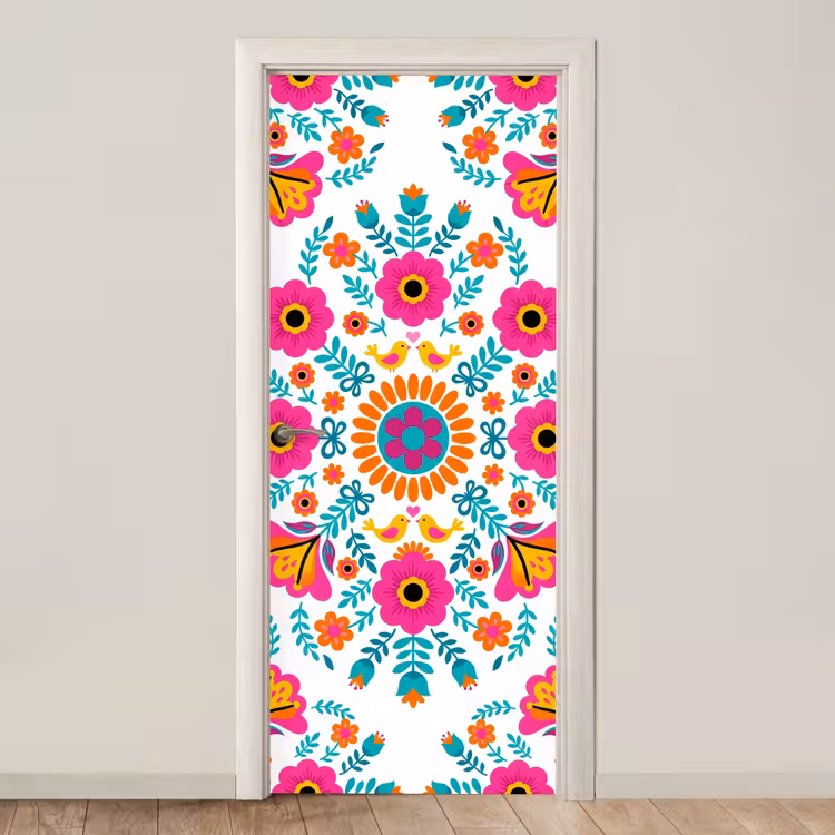 Deursticker - Bloemen - Vogel - Patroon - Kleurrijk - Modern — 1