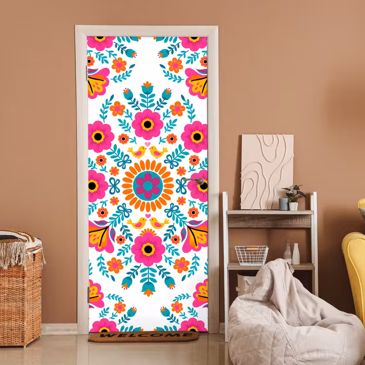 Deursticker - Bloemen - Vogel - Patroon - Kleurrijk - Modern — 2