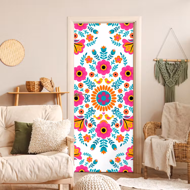 Deursticker - Bloemen - Vogel - Patroon - Kleurrijk - Modern — 4