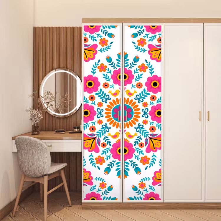 Deursticker - Bloemen - Vogel - Patroon - Kleurrijk - Modern — 5