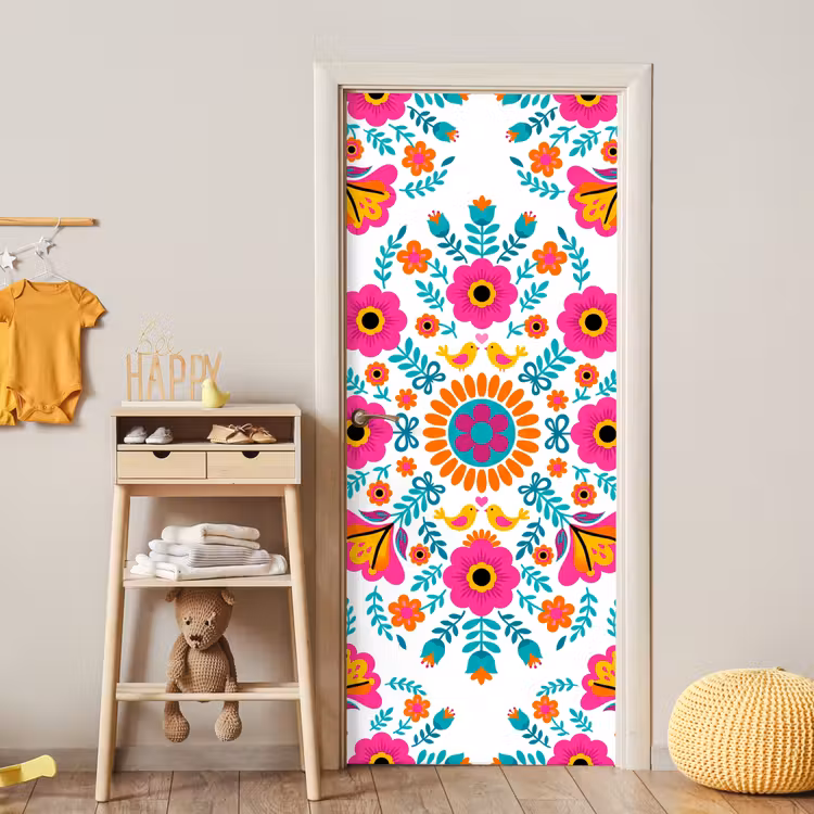 Deursticker - Bloemen - Vogel - Patroon - Kleurrijk - Modern — 6