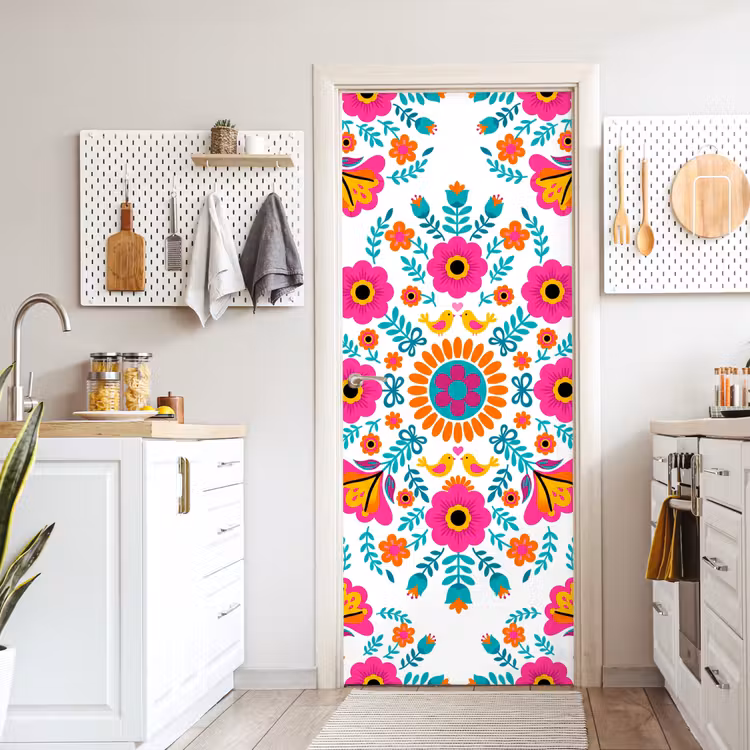 Deursticker - Bloemen - Vogel - Patroon - Kleurrijk - Modern — 7