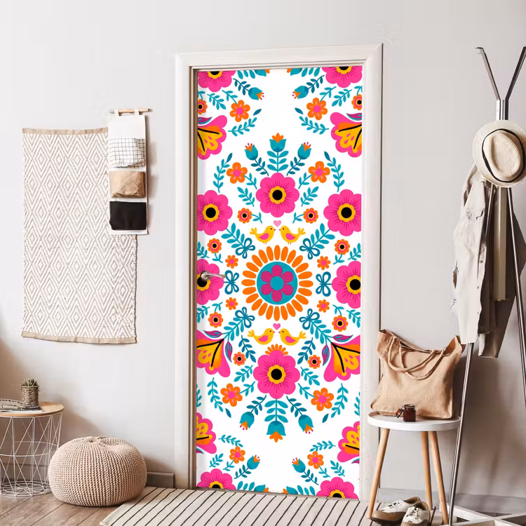 Deursticker - Bloemen - Vogel - Patroon - Kleurrijk - Modern — 8