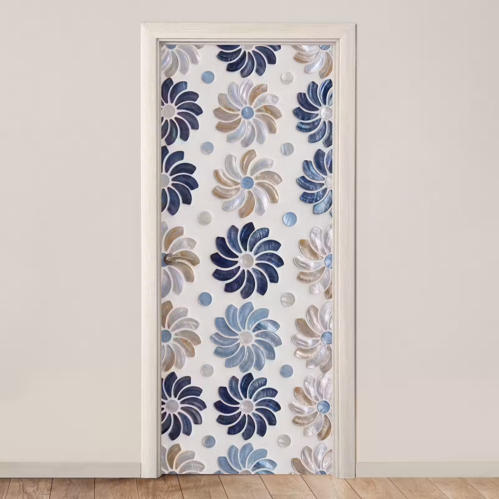 Deursticker - Bloemen - Parelmoer - Abstract - Patroon - Blauw — 1