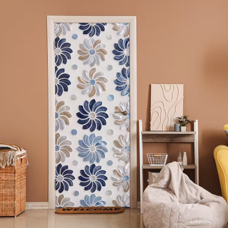 Deursticker - Bloemen - Parelmoer - Abstract - Patroon - Blauw — 2