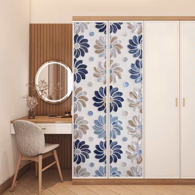 Deursticker - Bloemen - Parelmoer - Abstract - Patroon - Blauw — 5