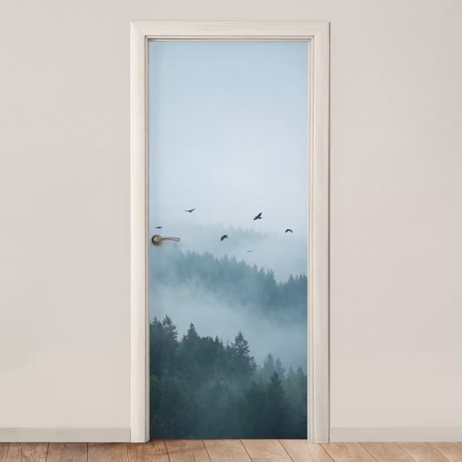 Deursticker - Bos - Mist - Vogels - Natuur - Groen — 1