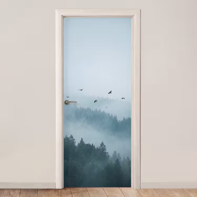 Deursticker - Bos - Mist - Vogels - Natuur - Groen — 1