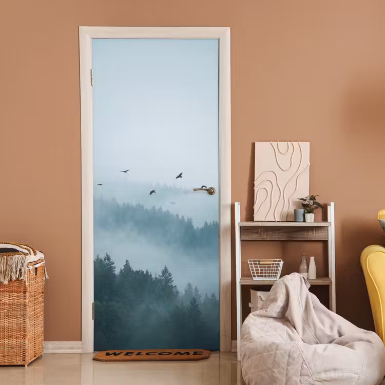 Deursticker - Bos - Mist - Vogels - Natuur - Groen — 2