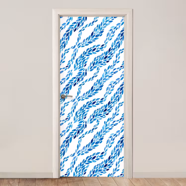 Deursticker - Bladeren - Aquarel - Patroon - Modern - Blauw — 1