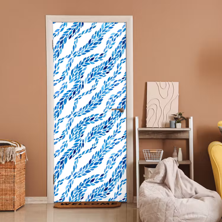 Deursticker - Bladeren - Aquarel - Patroon - Modern - Blauw — 2