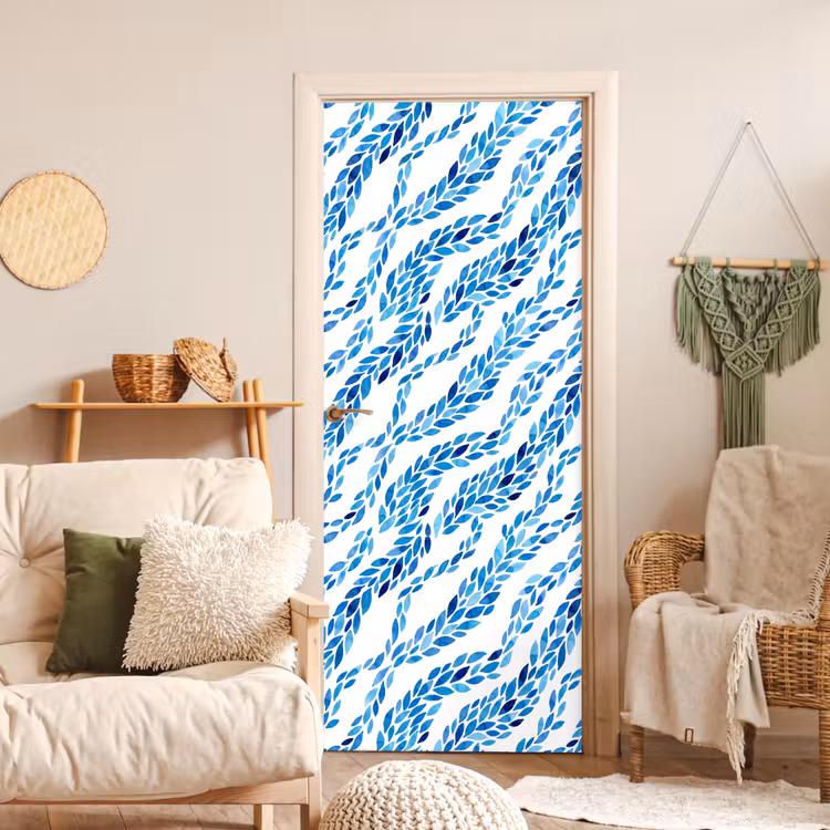 Deursticker - Bladeren - Aquarel - Patroon - Modern - Blauw — 4