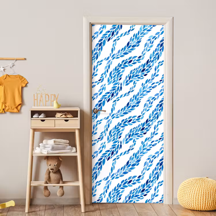Deursticker - Bladeren - Aquarel - Patroon - Modern - Blauw — 6