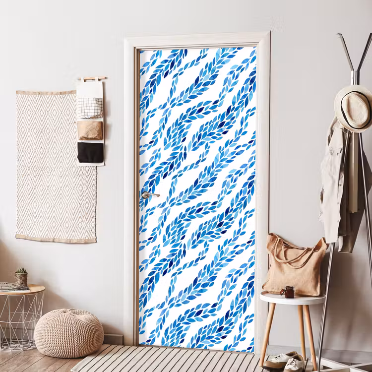 Deursticker - Bladeren - Aquarel - Patroon - Modern - Blauw — 8
