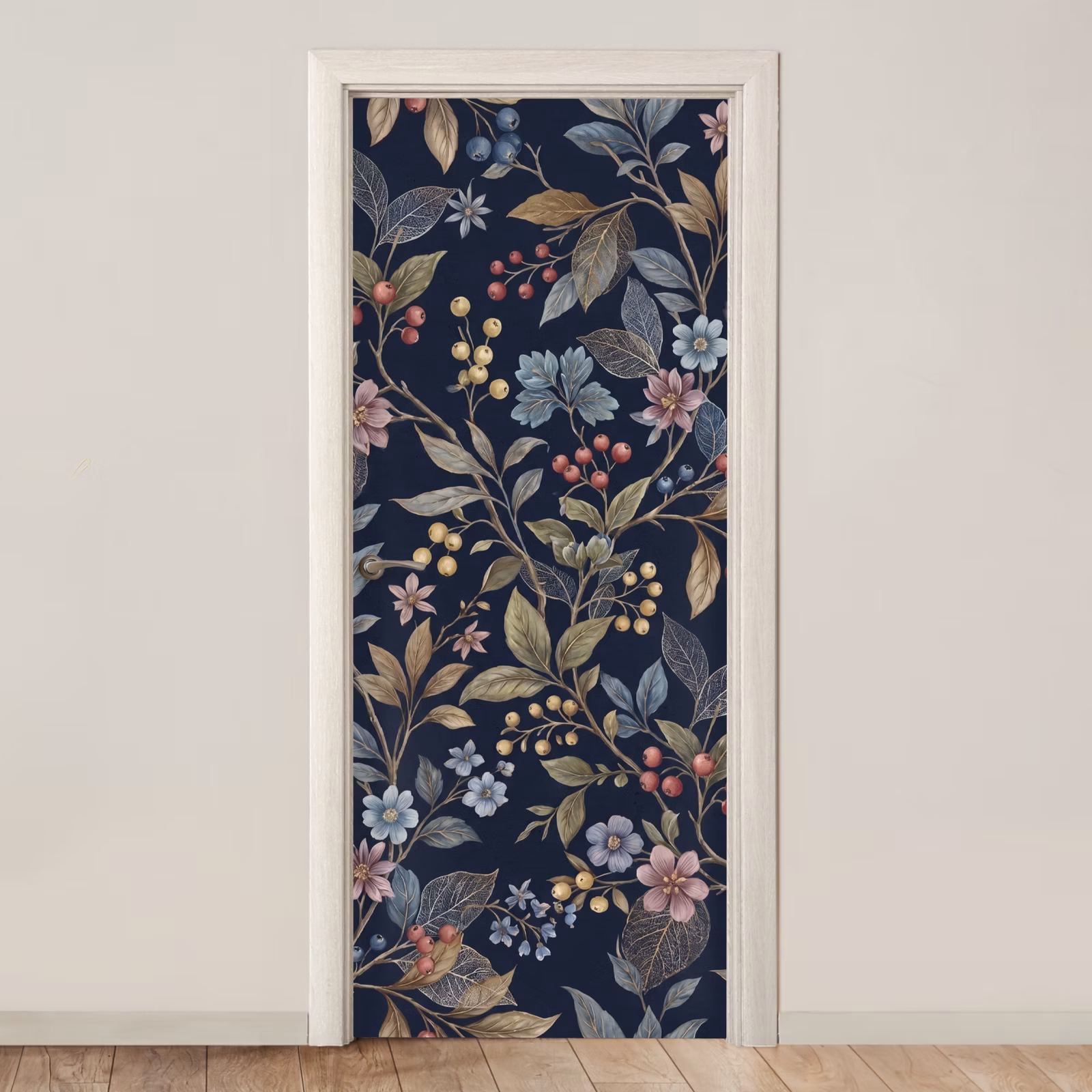 Deursticker - Bloemen - Bladeren - Patroon - Botanisch - Donkerblauw — 1