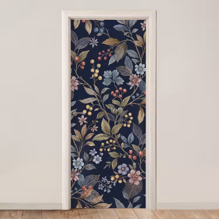 Deursticker - Bloemen - Bladeren - Patroon - Botanisch - Donkerblauw — 1