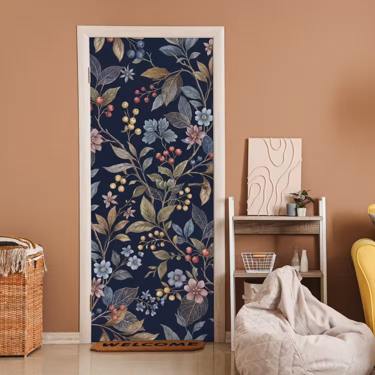 Deursticker - Bloemen - Bladeren - Patroon - Botanisch - Donkerblauw — 2