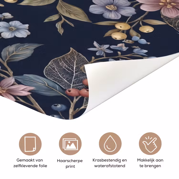 Deursticker - Bloemen - Bladeren - Patroon - Botanisch - Donkerblauw — 3