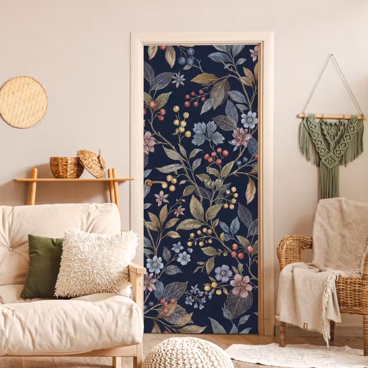 Deursticker - Bloemen - Bladeren - Patroon - Botanisch - Donkerblauw — 4