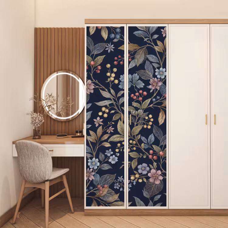 Deursticker - Bloemen - Bladeren - Patroon - Botanisch - Donkerblauw — 5
