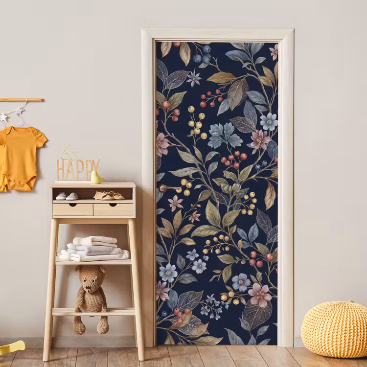 Deursticker - Bloemen - Bladeren - Patroon - Botanisch - Donkerblauw — 6