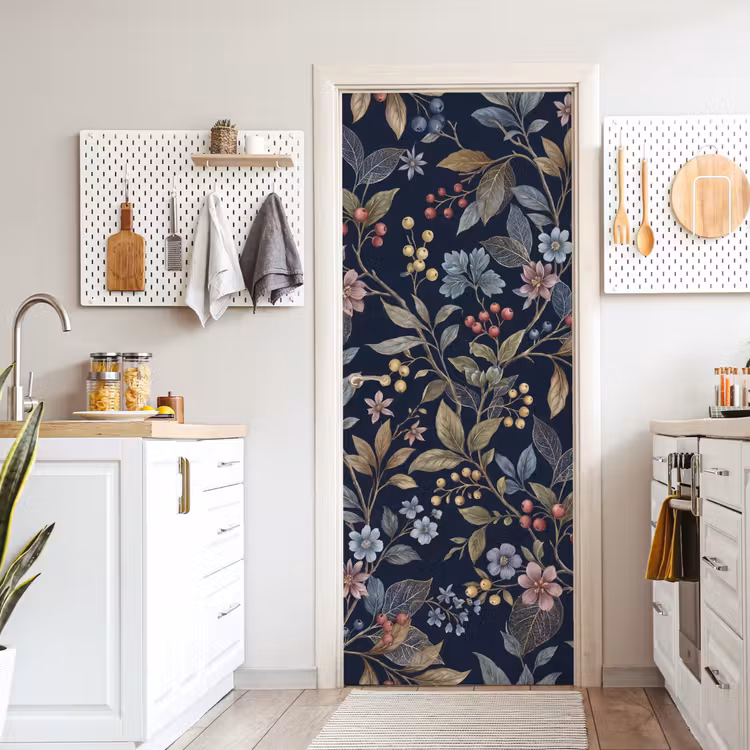 Deursticker - Bloemen - Bladeren - Patroon - Botanisch - Donkerblauw — 7