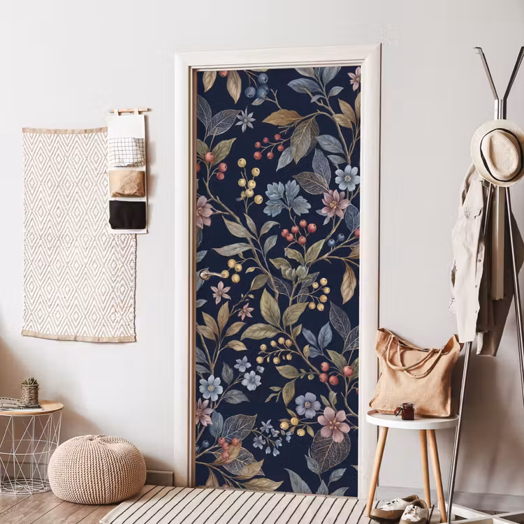 Deursticker - Bloemen - Bladeren - Patroon - Botanisch - Donkerblauw — 8
