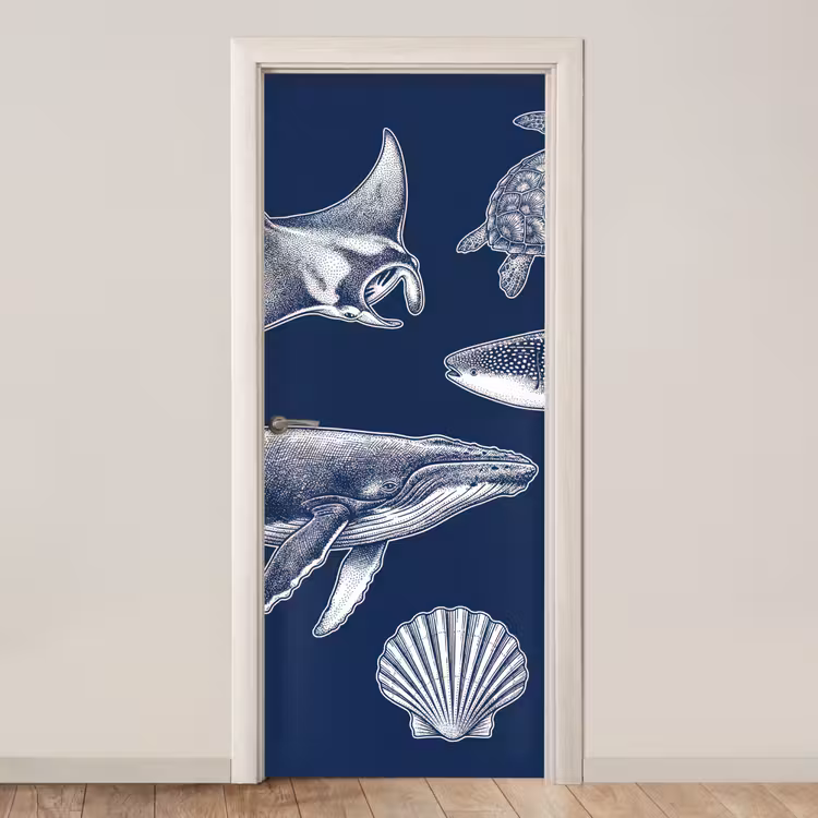 Deursticker - Dieren - Zeeleven - Oceaan - Graveren - Blauw — 1
