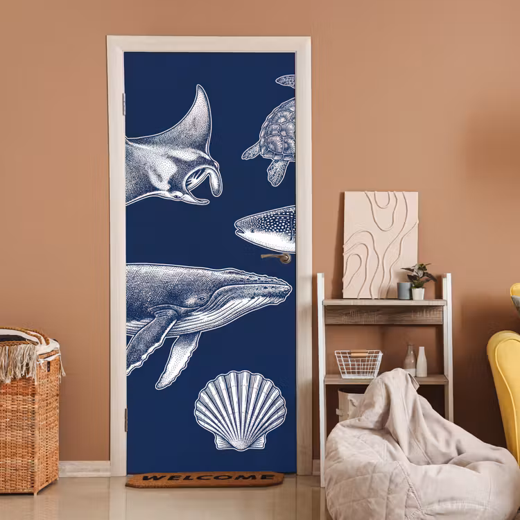 Deursticker - Dieren - Zeeleven - Oceaan - Graveren - Blauw — 2
