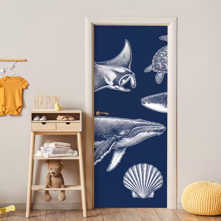 Deursticker - Dieren - Zeeleven - Oceaan - Graveren - Blauw — 6