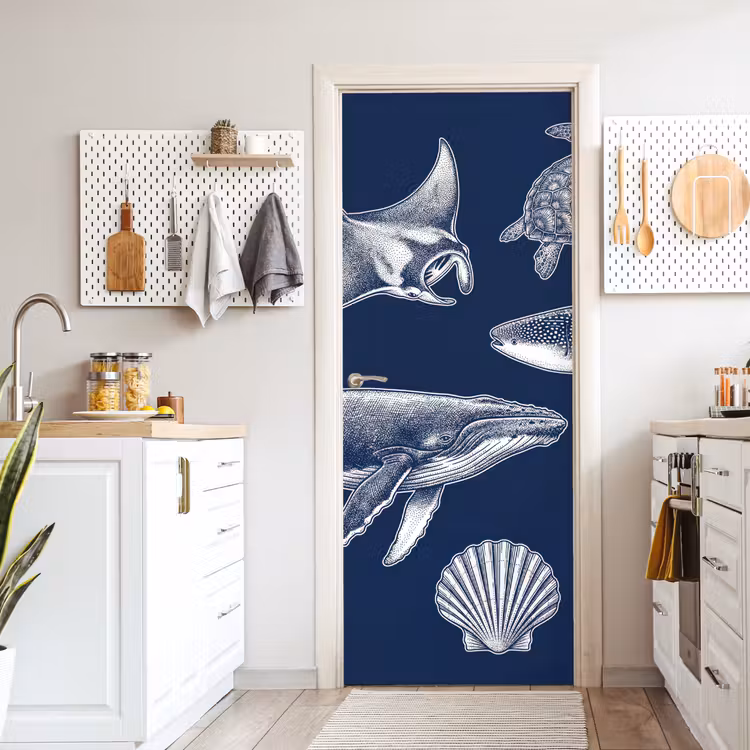 Deursticker - Dieren - Zeeleven - Oceaan - Graveren - Blauw — 7