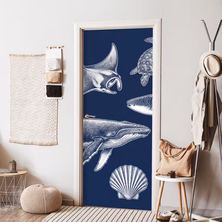 Deursticker - Dieren - Zeeleven - Oceaan - Graveren - Blauw — 8