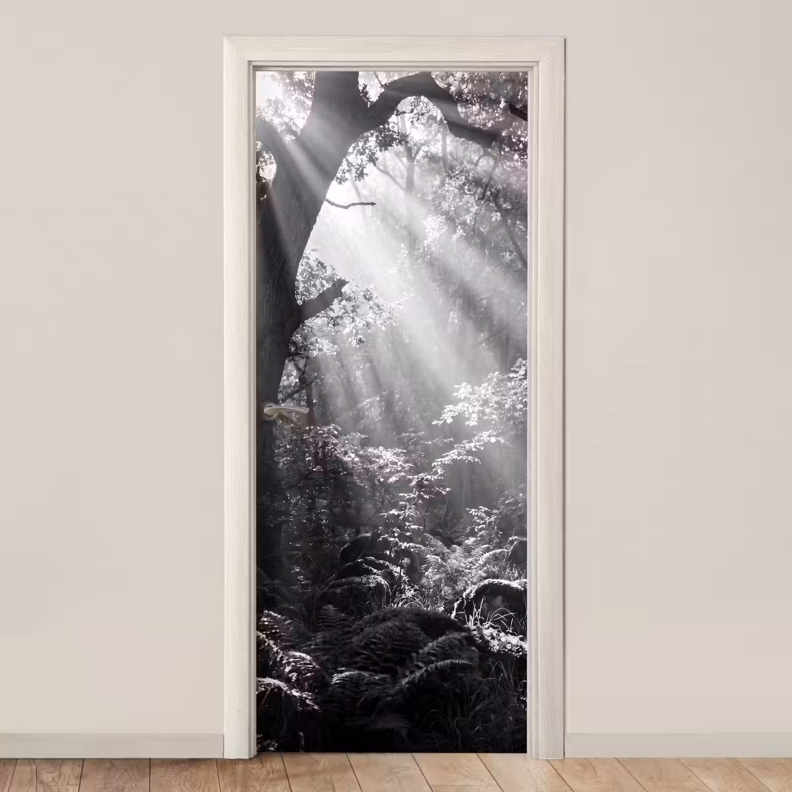 Deursticker - Bos - Lichtstralen - Natuur - Zwart-wit — 1