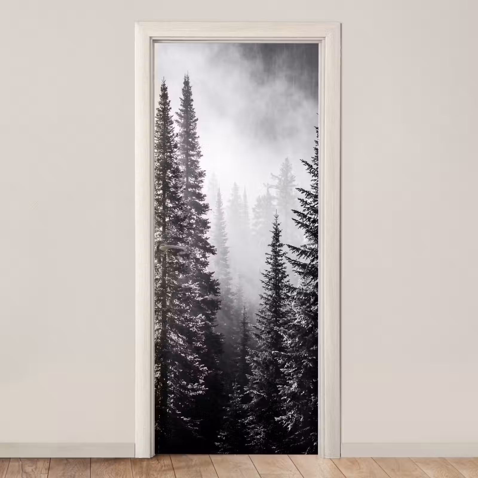 Deursticker - Bos - Mist - Winter - Monochroom - Natuur — 1