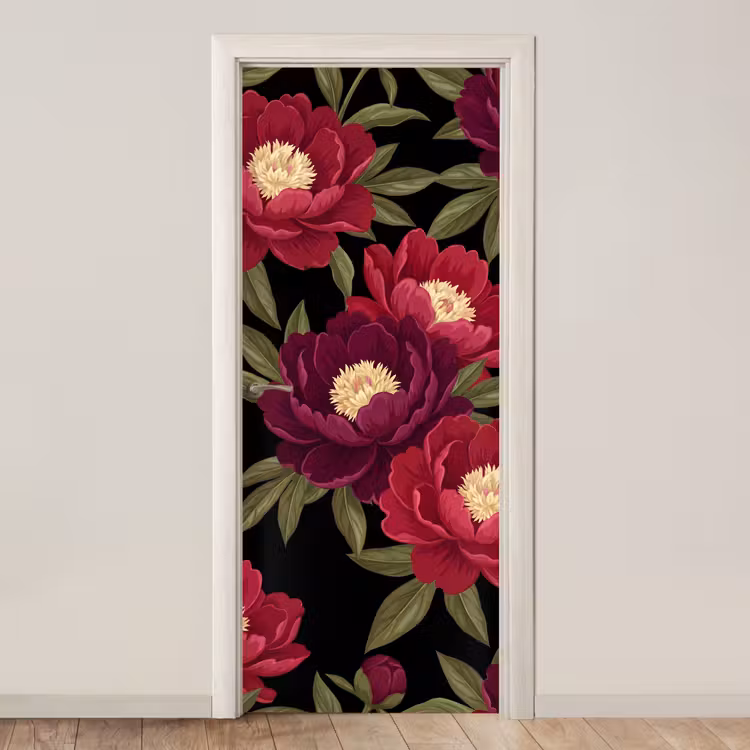 Deursticker - Bloemen - Patroon - Botanisch - Rood - Zwart — 1