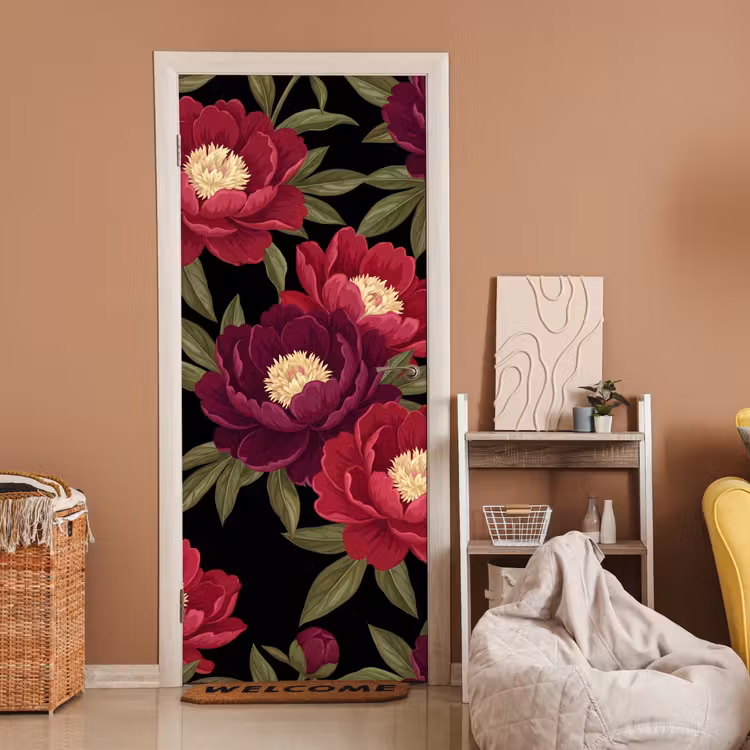 Deursticker - Bloemen - Patroon - Botanisch - Rood - Zwart — 2