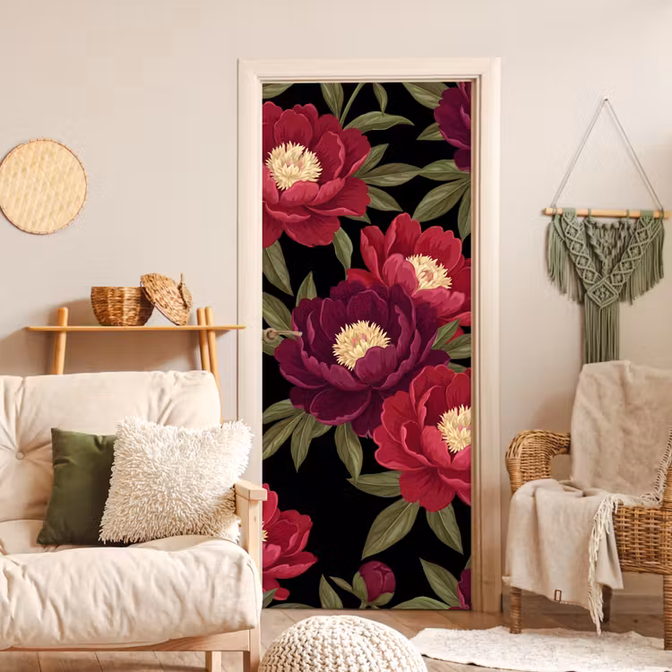 Deursticker - Bloemen - Patroon - Botanisch - Rood - Zwart — 4