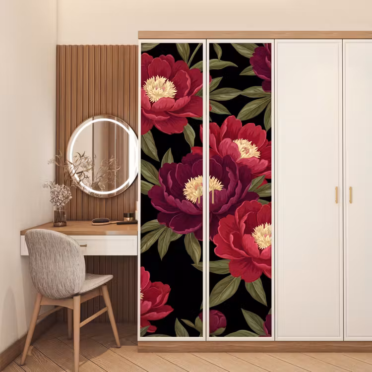 Deursticker - Bloemen - Patroon - Botanisch - Rood - Zwart — 5