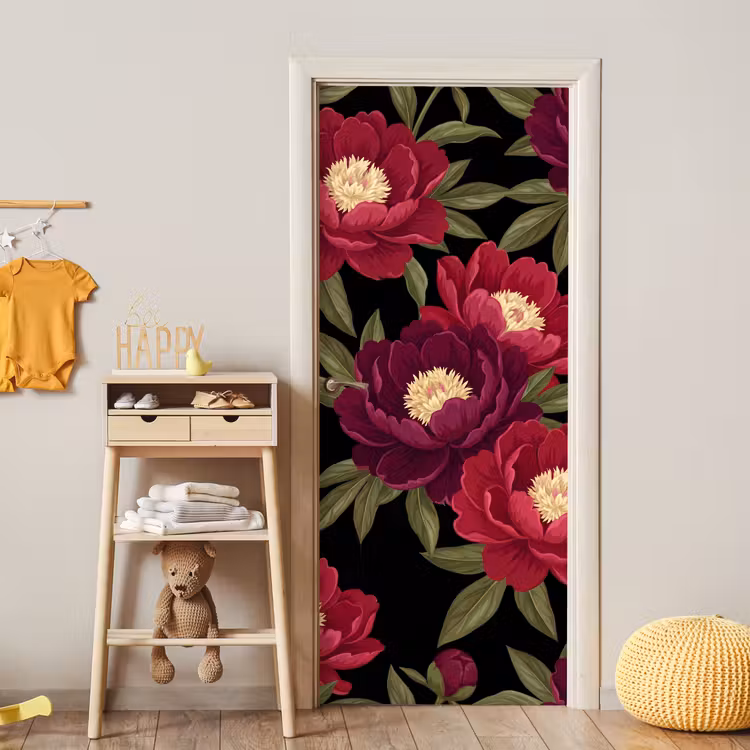 Deursticker - Bloemen - Patroon - Botanisch - Rood - Zwart — 6