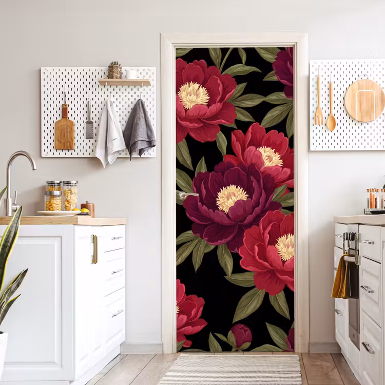 Deursticker - Bloemen - Patroon - Botanisch - Rood - Zwart — 7