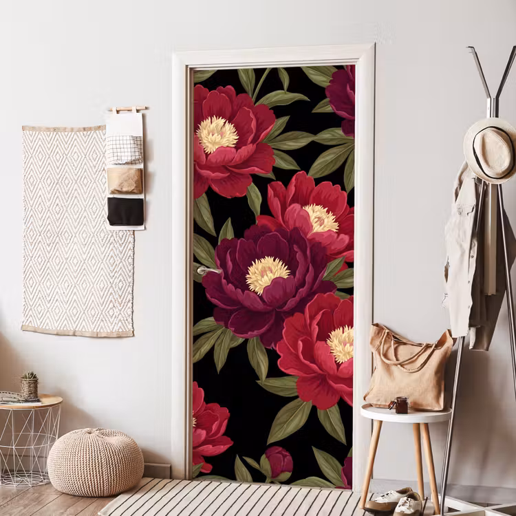 Deursticker - Bloemen - Patroon - Botanisch - Rood - Zwart — 8