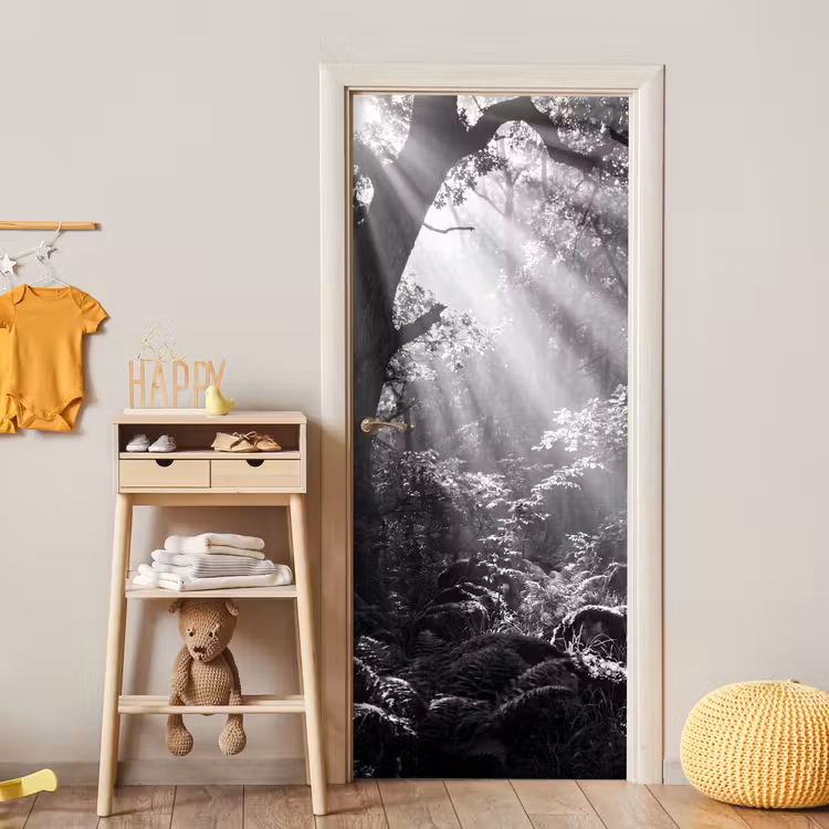 Deursticker - Bos - Lichtstralen - Natuur - Zwart-wit — 6