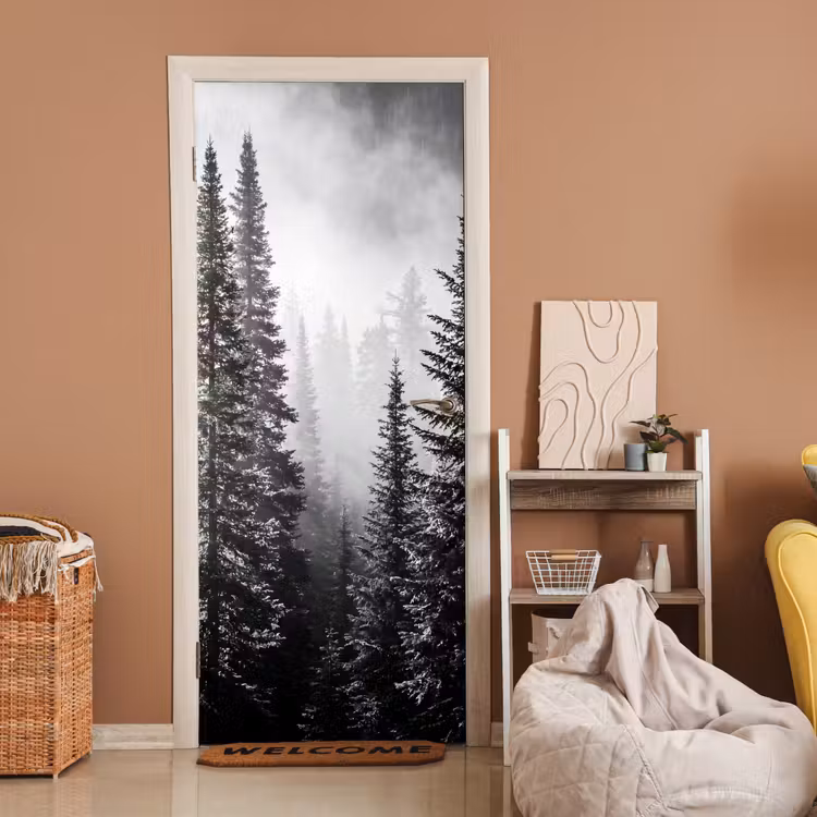Deursticker - Bos - Mist - Winter - Monochroom - Natuur — 2
