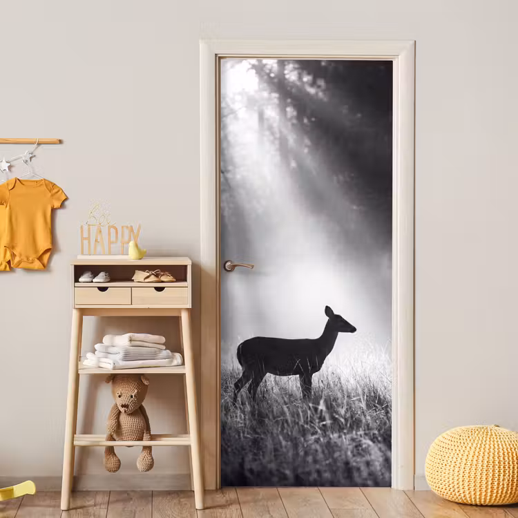 Deursticker - Hert - Bos - Zonnestralen - Zwart-wit - Natuur — 6