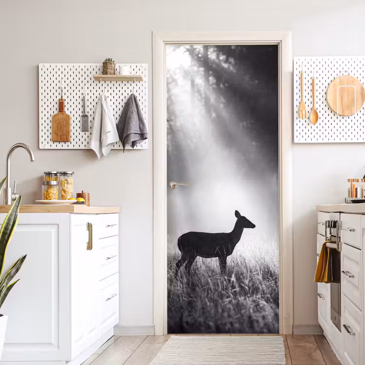 Deursticker - Hert - Bos - Zonnestralen - Zwart-wit - Natuur — 7
