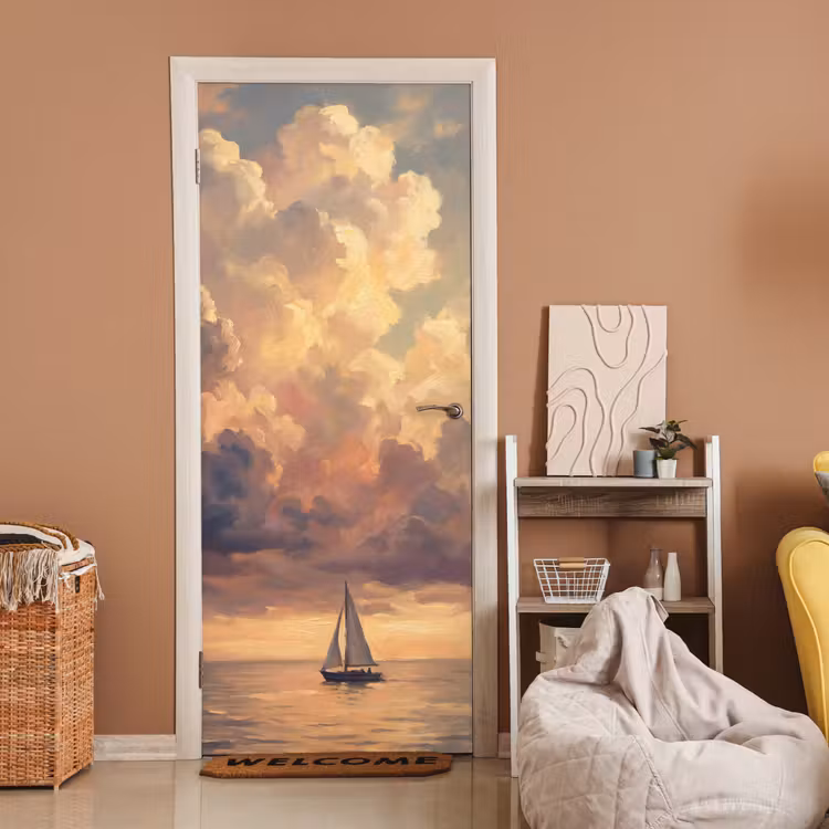 Deursticker - Boot - Zonsondergang - Zee - Natuur - Goud — 2